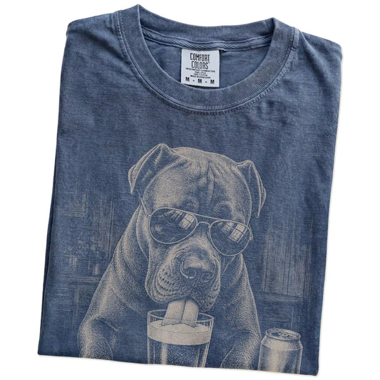 Folded Denim Comfort Colors® t-shirt showing Cane Corso sneaking a drink from a pint