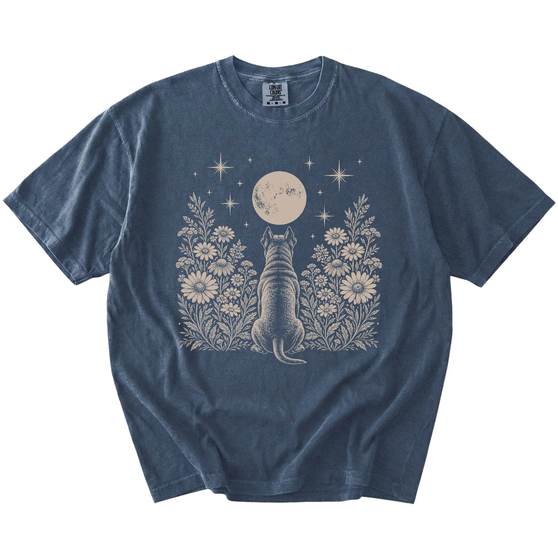Cane Corso beneath a wildflower moon on a Denim Comfort Colors® T-shirt