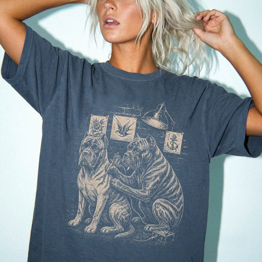 Person wearing a Denim Cane Corso Tattoo t-shirt