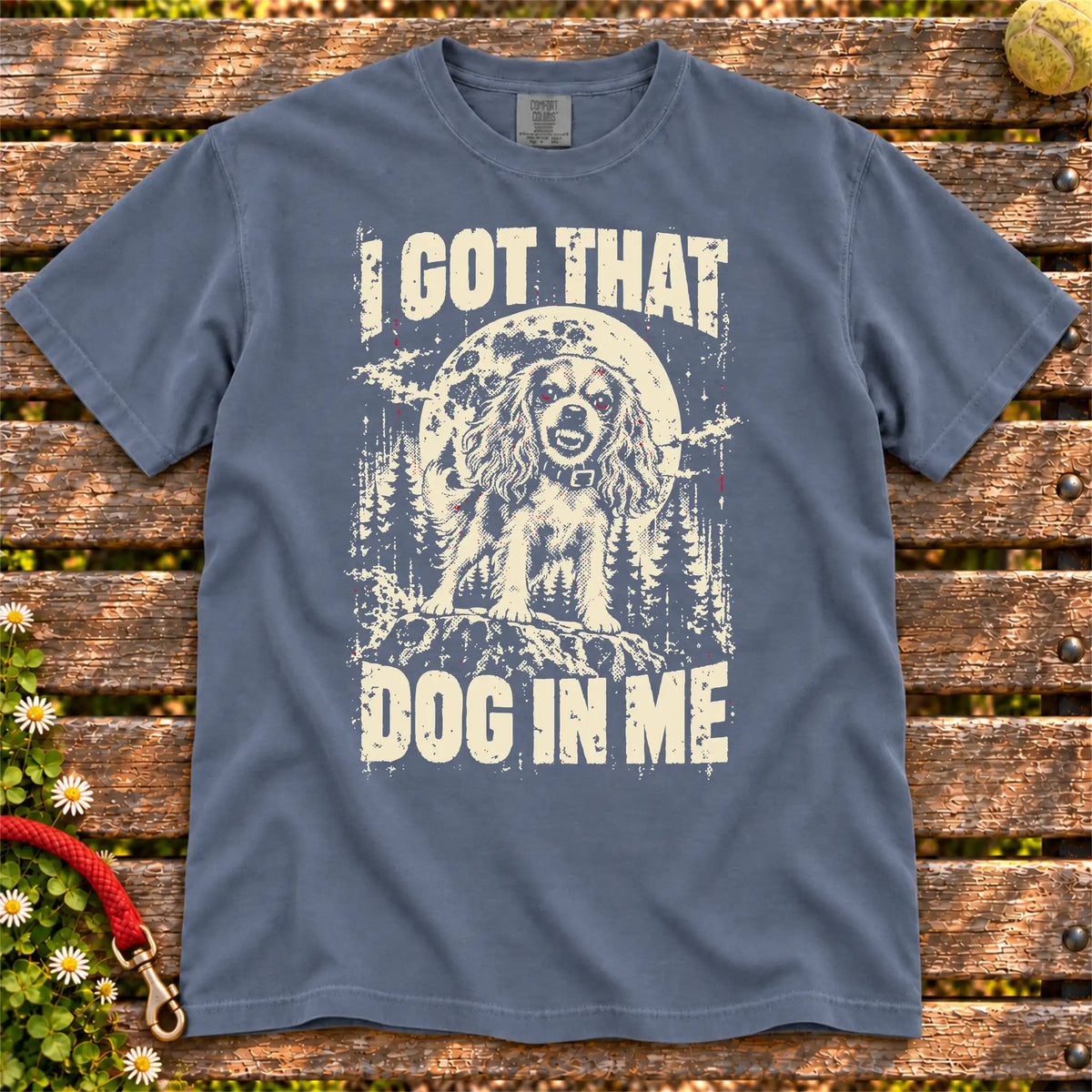 Denim Cavalier King Charles Spaniel I Got That Dog in Me T-shirt, full garment view