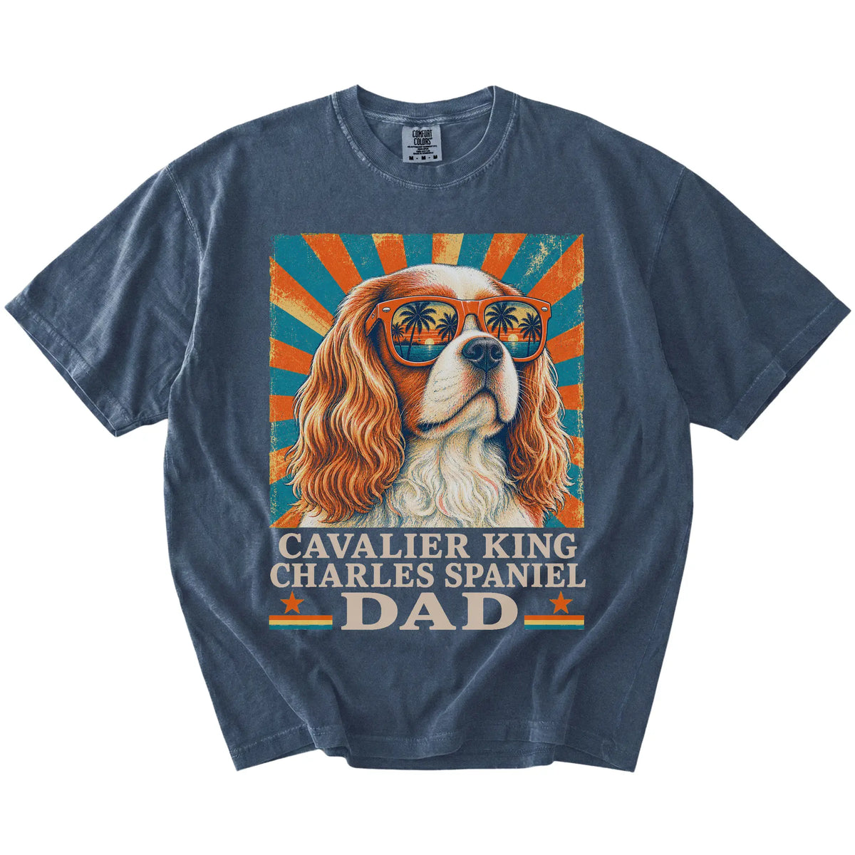 Retro Cavalier King Charles Spaniel Dad design on a Denim Comfort Colors T-shirt