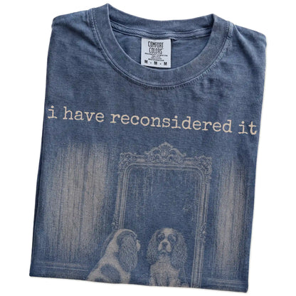Folded Denim Comfort Colors® T-shirt showing “the answer is still no” cavalier king charles spaniel design
