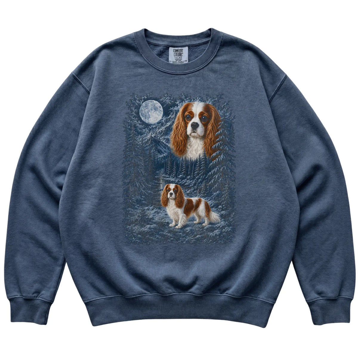 Cavalier King Charles Spaniel Forest Moon Sweatshirt in Denim