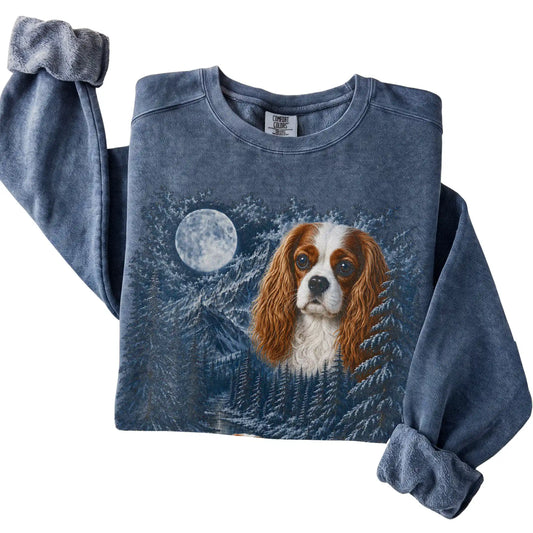 Cavalier King Charles Spaniel Forest Moon Sweatshirt in Denim