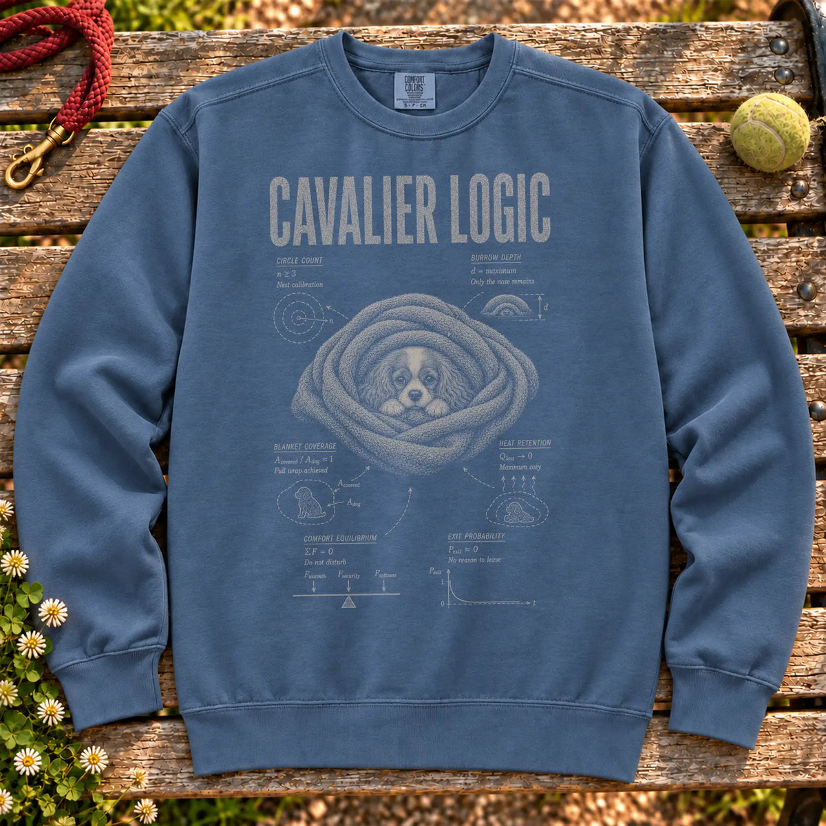 Cavalier King Charles Spaniel Logic on a Denim crewneck sweatshirt, shown flat