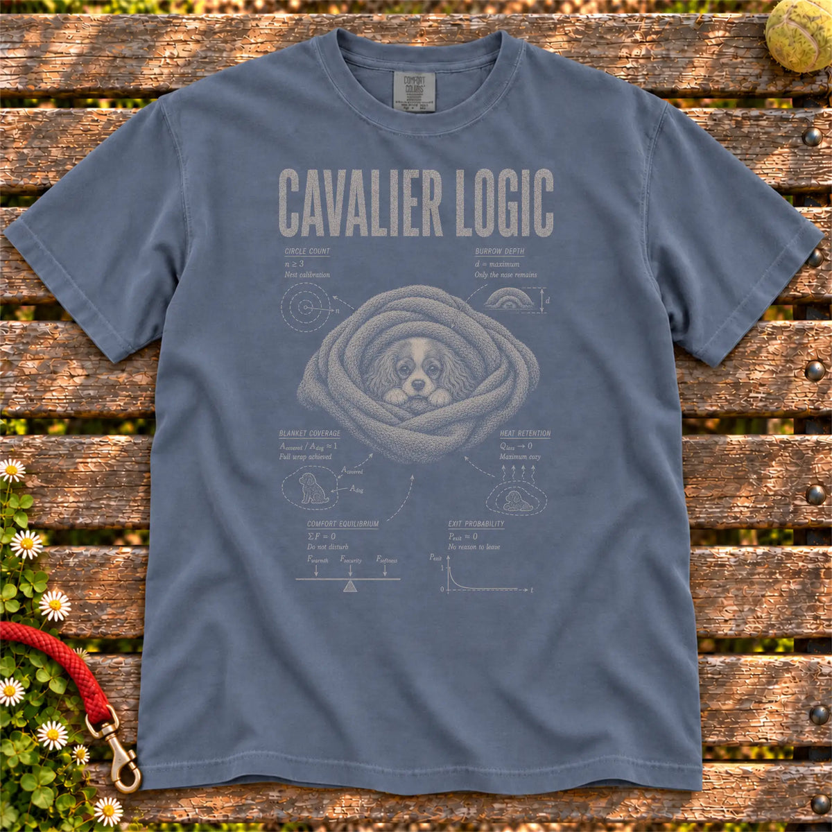 Cavalier King Charles Spaniel Logic design on a Denim Comfort Colors T-shirt, shown flat