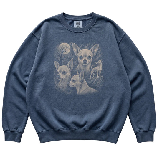 Chihuahua 90s Moon Sweatshirt in Denim — flat lay