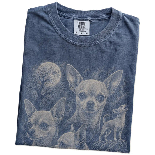 Folded Denim Comfort Colors® T-shirt showing a vintage moon montage featuring Chihuahua