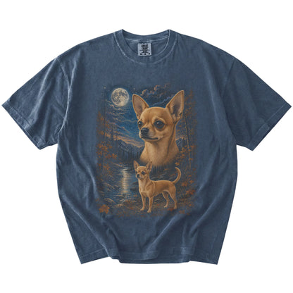 denim T-shirt with Chihuahua Autumn Moon artwork.