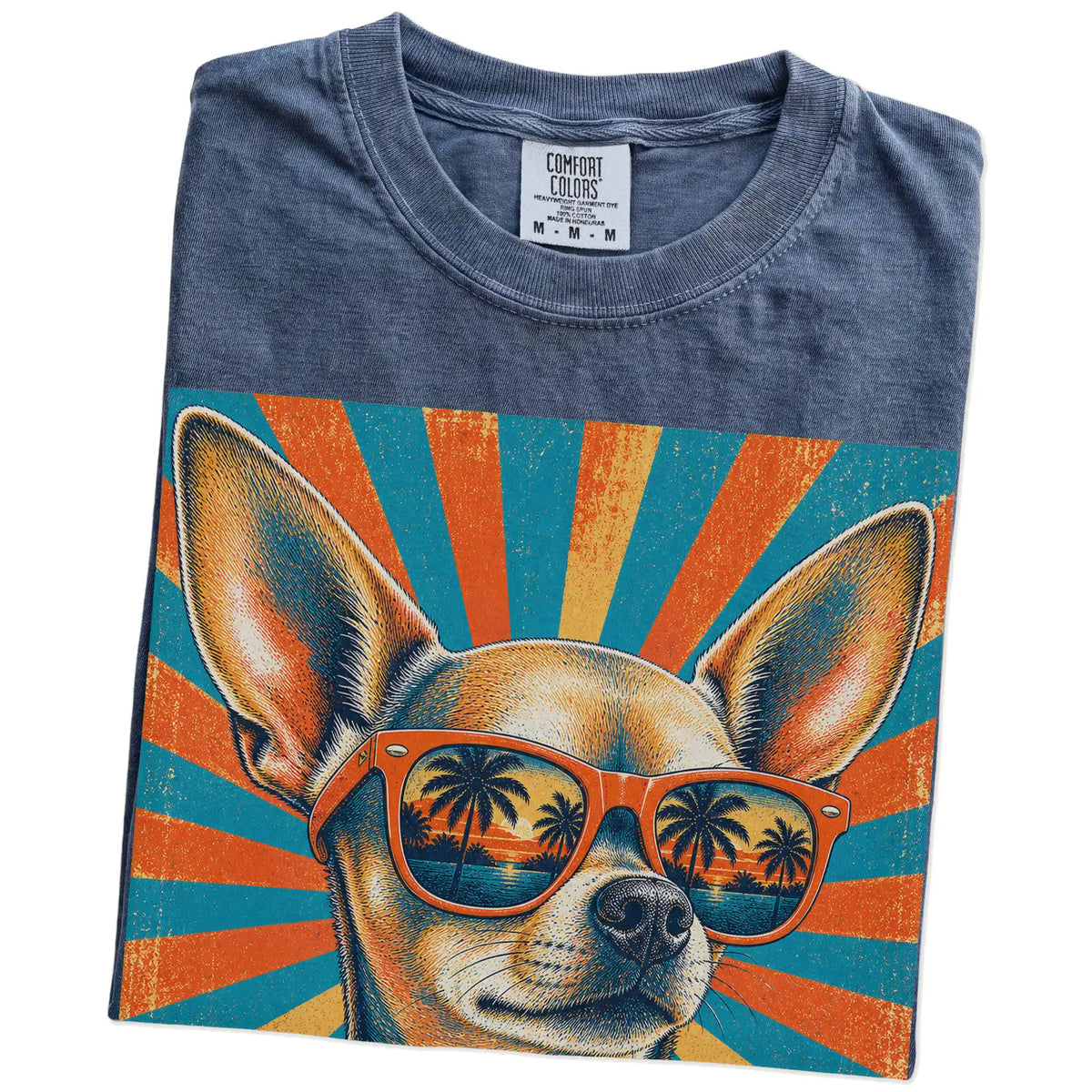 Retro Chihuahua Dad design on a Denim Comfort Colors T-shirt folded detail