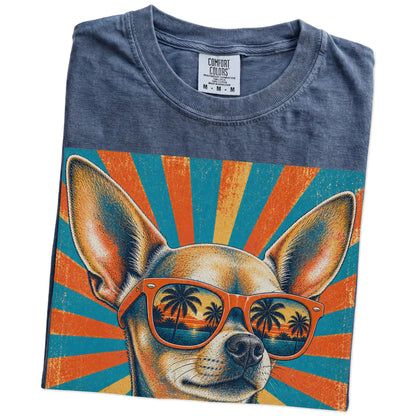 Retro Chihuahua Dad design on a Denim Comfort Colors T-shirt folded detail