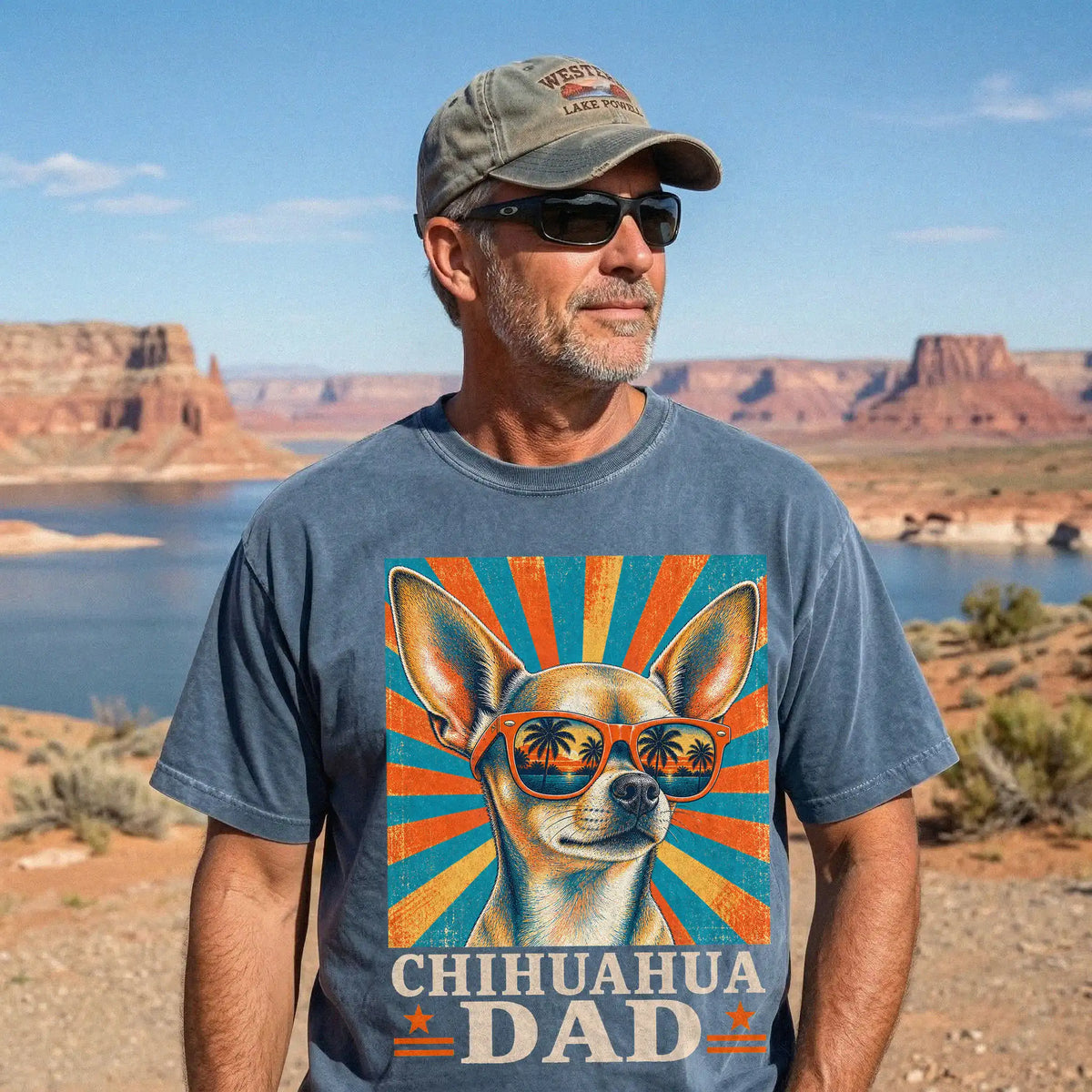 Retro Chihuahua Dad design on a Denim Comfort Colors T-shirt worn by a model