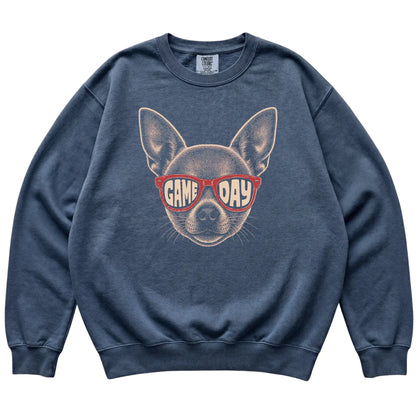 Denim Chihuahua Game Day Sunglasses sweatshirt, laid flat