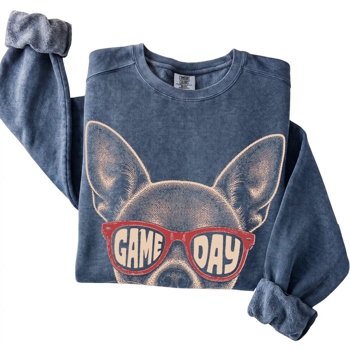 Denim Chihuahua Game Day Sunglasses sweatshirt, folded
