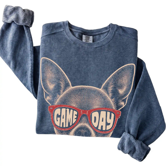 Denim Chihuahua Game Day Sunglasses sweatshirt, folded