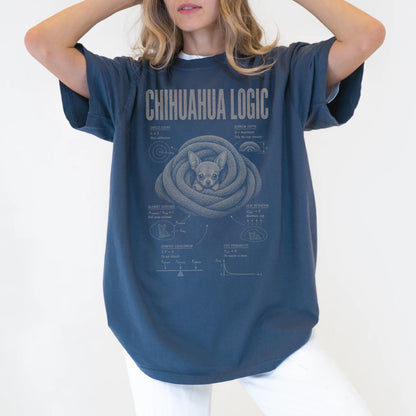 Woman wearing a Denim Chihuahua Logic T-Shirt