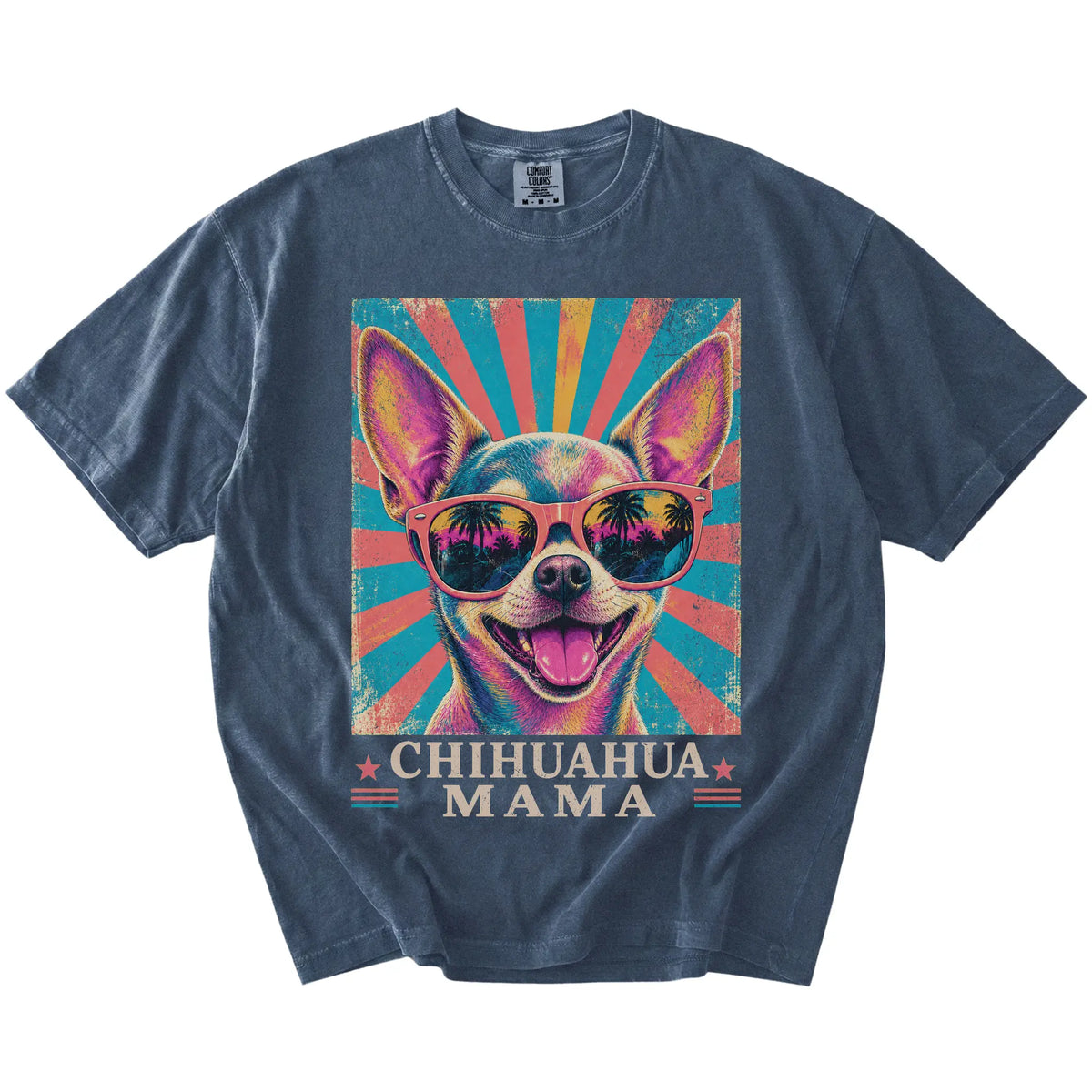 Retro Chihuahua Mama design on a Denim Comfort Colors T-shirt