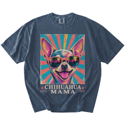 Retro Chihuahua Mama design on a Denim Comfort Colors T-shirt