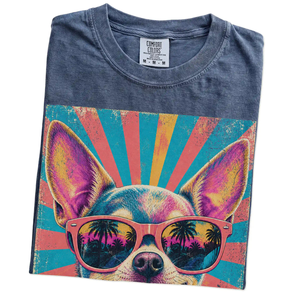 Retro Chihuahua Mama design on a Denim Comfort Colors T-shirt folded detail