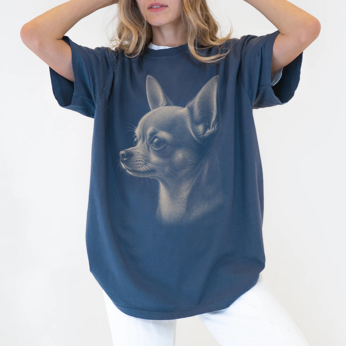 Model wearing a Denim Comfort Colors® T-shirt with a detailed photographic portrait of a Chihuahua