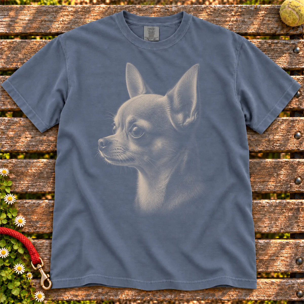 Chihuahua Photo design on a Denim Comfort Colors T-shirt, shown flat