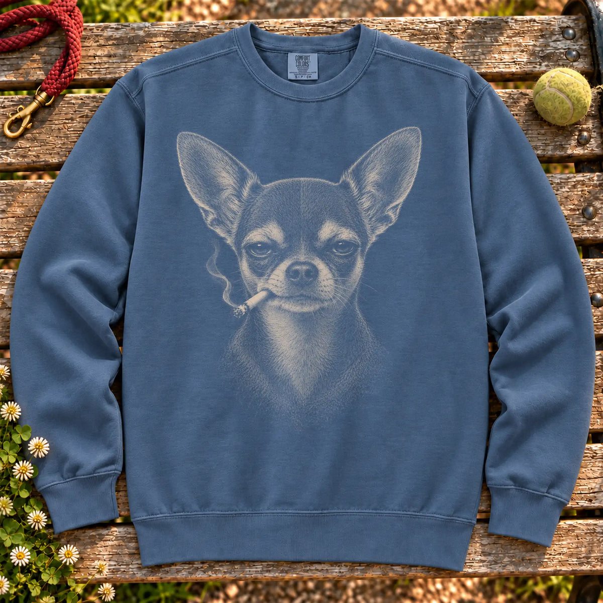 Chihuahua smoking design on a Denim sweatshirt