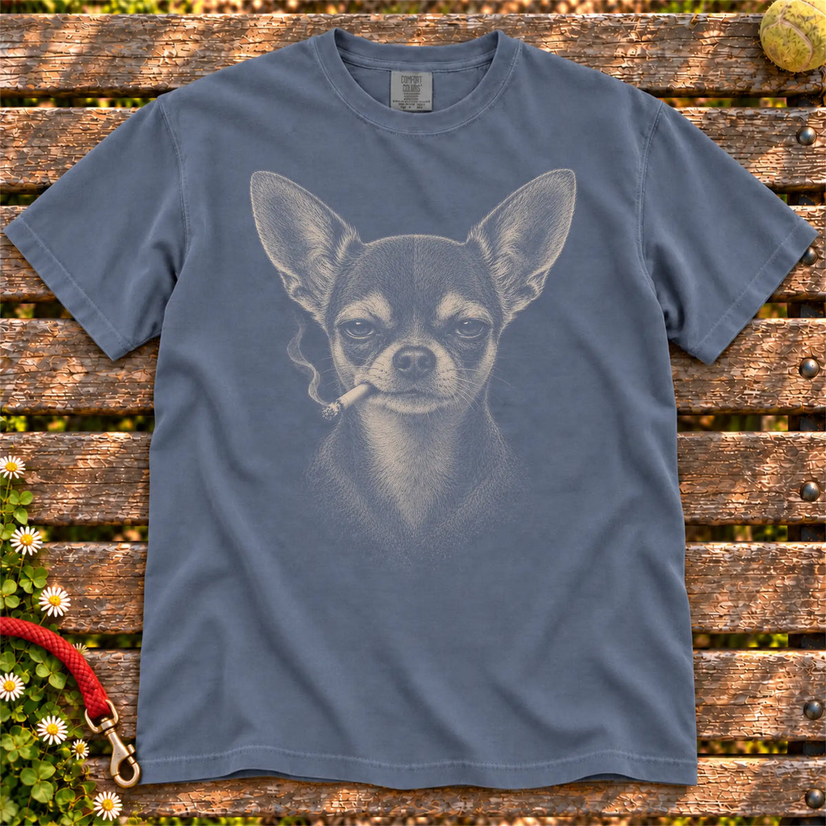 Chihuahua smoking design on a Denim t-shirt