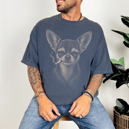 Model wearing a Chihuahua smoking design on a Denim t-shirt