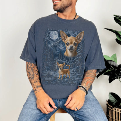 Model wearing a denim T-shirt with Chihuahua Winter Moon artwork.