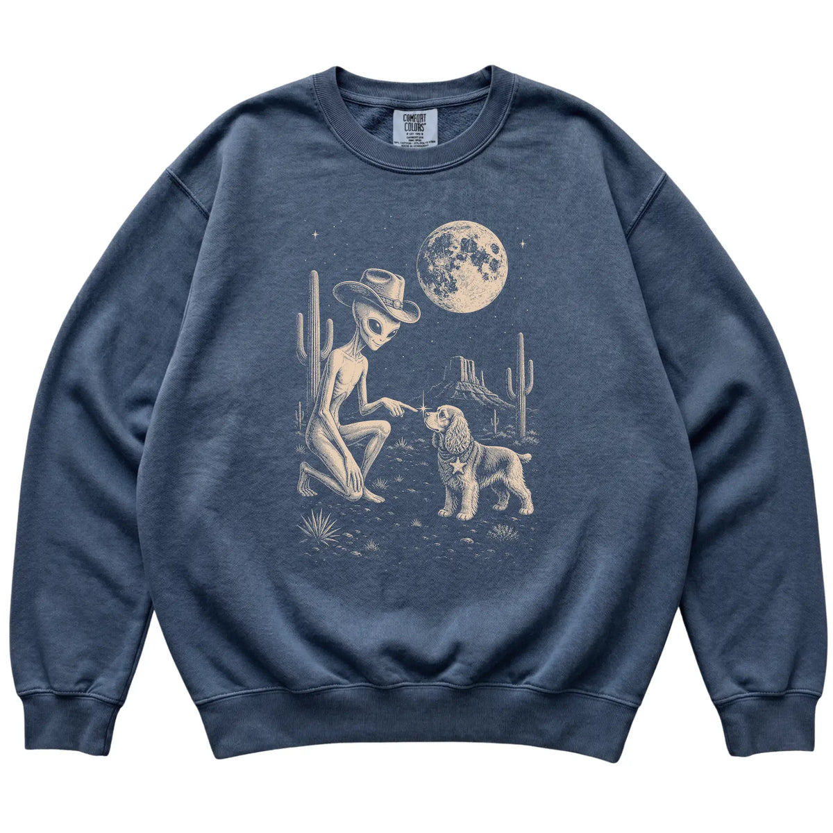 Denim Comfort Colors® sweatshirt featuring Cocker Spaniel Cowboy and Alien, laid-flat presentation