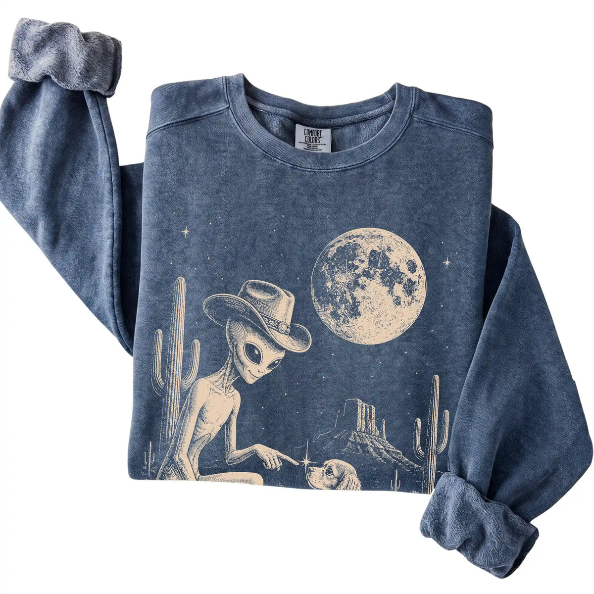 Denim Comfort Colors® sweatshirt featuring Cocker Spaniel Cowboy and Alien, folded presentation