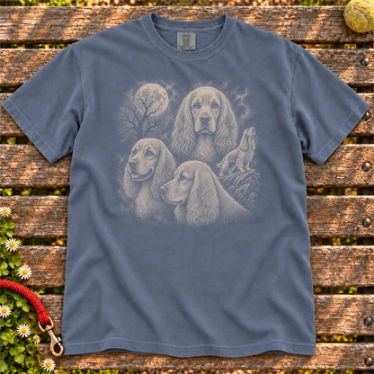 Cocker Spaniel 90s Moon design on a Denim T-shirt shown flat
