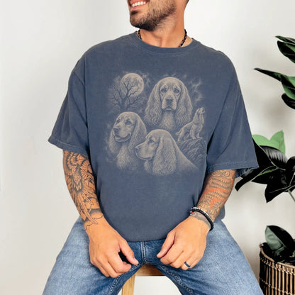 Model wearing a Denim Comfort Colors® T-shirt with a vintage moon montage featuring Cocker Spaniel