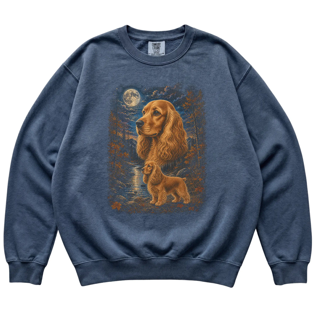 denim sweatshirt with Cocker Spaniel Autumn Moon artwork.