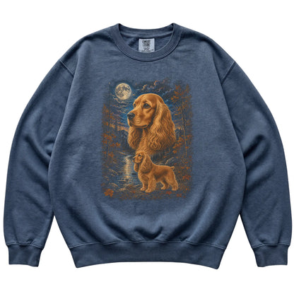 denim sweatshirt with Cocker Spaniel Autumn Moon artwork.
