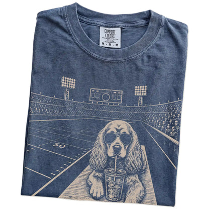 Folded Denim Comfort Colors® T-shirt showing Cocker Spaniel ready for football and tailgate season