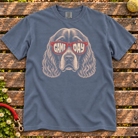 Cocker Spaniel Game Day design on a Denim Comfort Colors T-shirt, shown flat