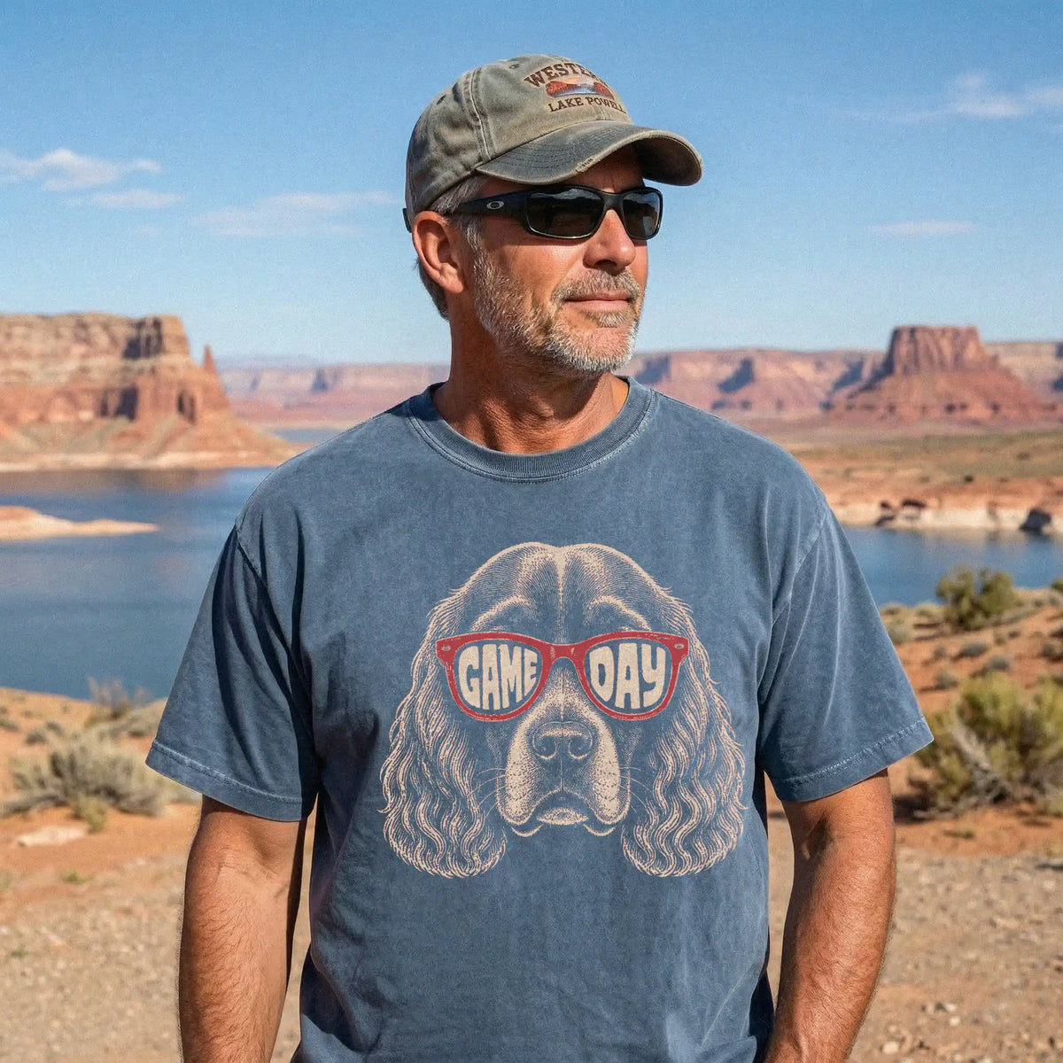 Model wearing a Denim Comfort Colors® T-shirt with cocker spaniel wearing red game day sunglasses