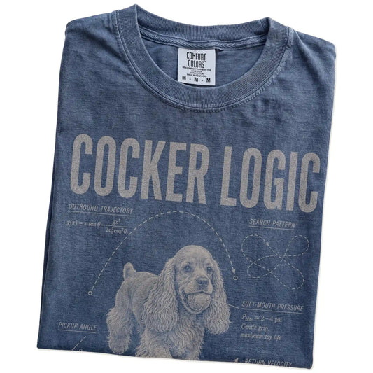 Folded Denim Cocker Spaniel Logic T-Shirt showing the graphic