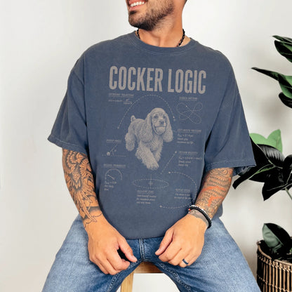 Man wearing a Denim Cocker Spaniel Logic T-Shirt