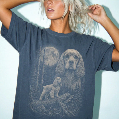 Woman wearing a Denim Cocker Spaniel Moonlit Forest T-Shirt