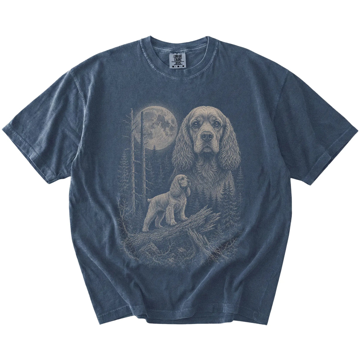 Denim Cocker Spaniel Moonlit Forest T-Shirt laid flat