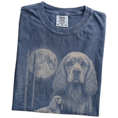 Folded Denim Cocker Spaniel Moonlit Forest T-Shirt showing the graphic