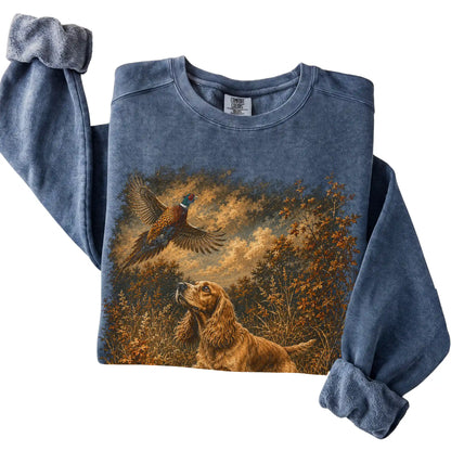 Cocker Spaniel Pheasant Hunting Sweatshirt in Denim