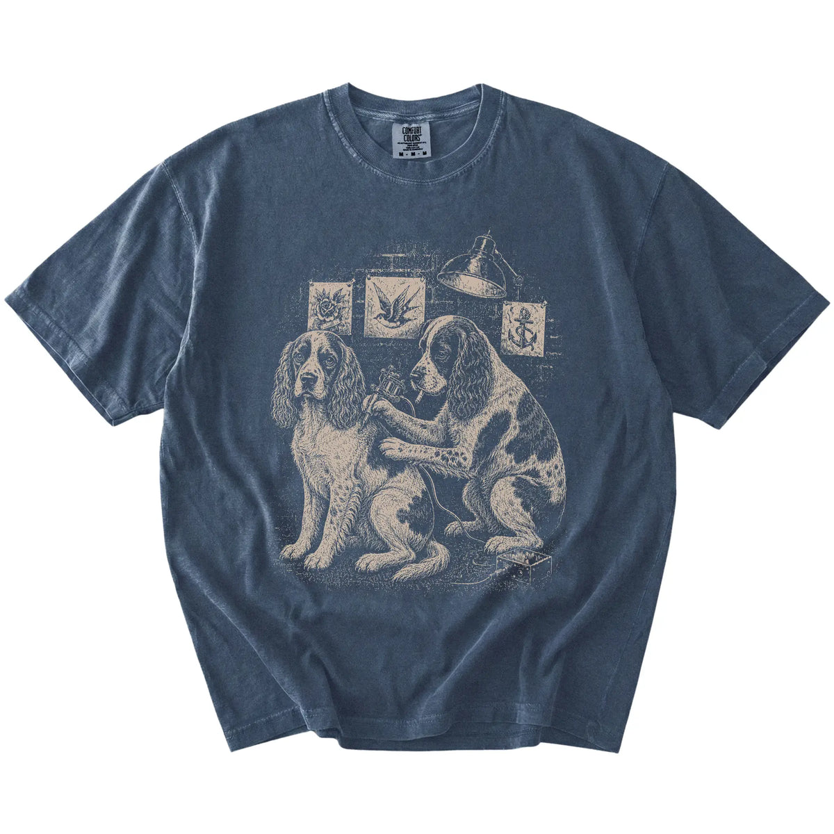 Denim Cocker Spaniel Tattoo t-shirt laid flat