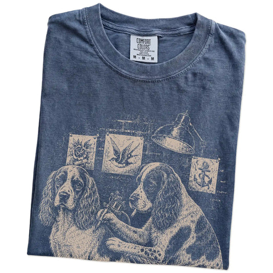 Folded Denim Cocker Spaniel Tattoo t-shirt showing the graphic