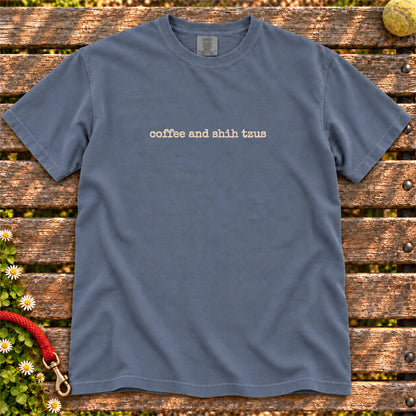 Shih Tzu Coffee and Shih Tzus on a Denim T-shirt, shown flat