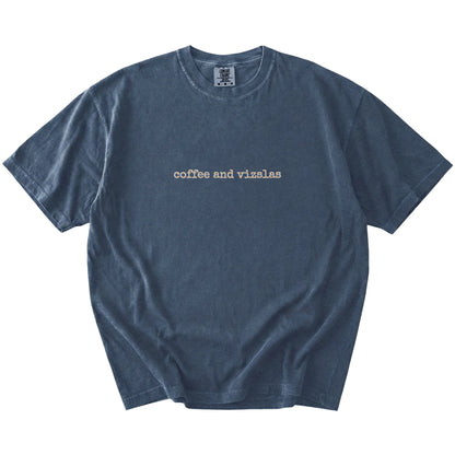 “coffee and vizslas” retro text on a Denim Comfort Colors® T-shirt