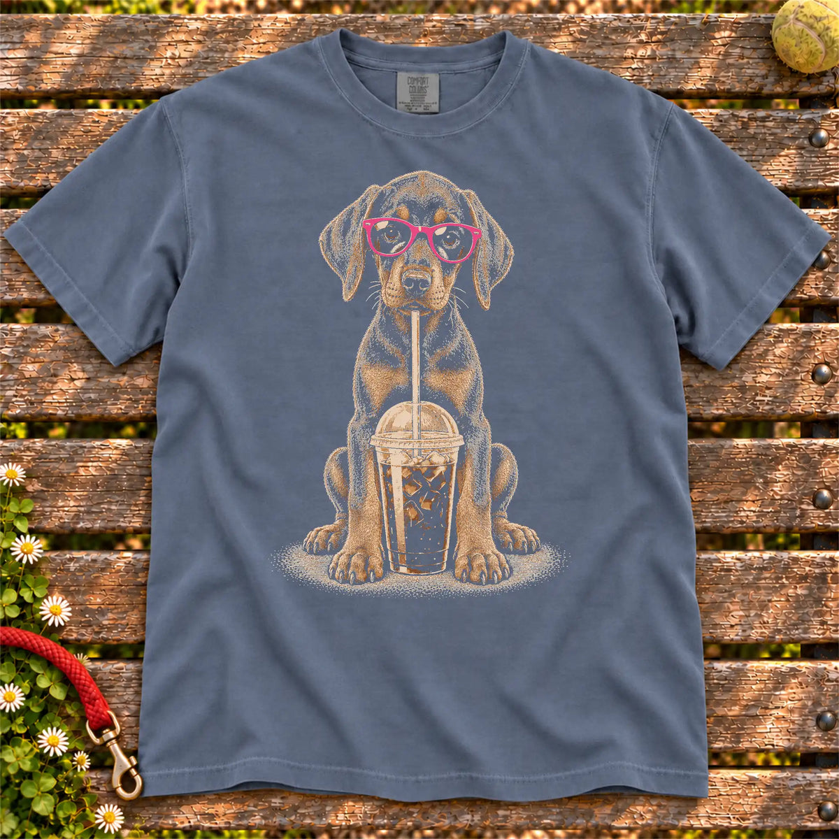 Denim Comfort Colors® T-shirt featuring the Doberman Cold Coffee design.