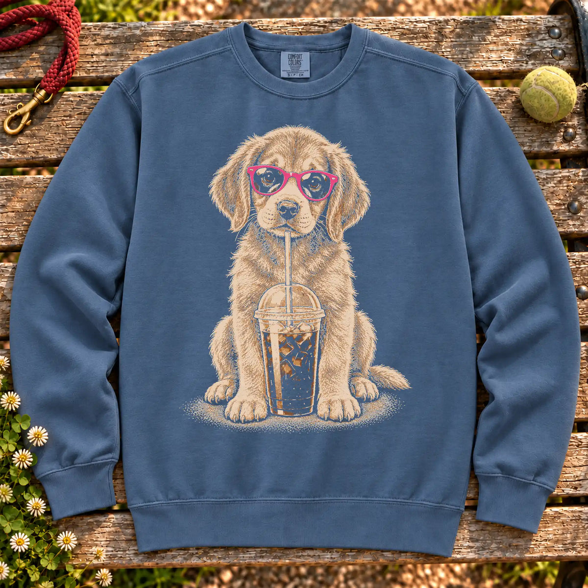 Golden Retriever drinking cold coffee in pink sunglasses on Denim sweatshirt